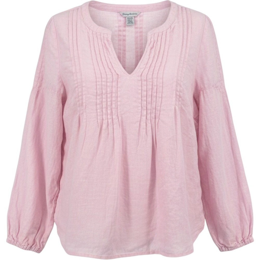 Tommy Bahama Womens Pink 100% Linen Pintuck Split Neck Blouse XL Long Sleeve